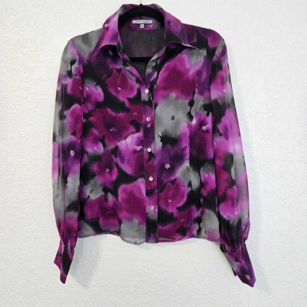 ANNE KLEIN‎ NEW YORK Silk Dark Floral Print Button Up Blouse Shirt Top 6P